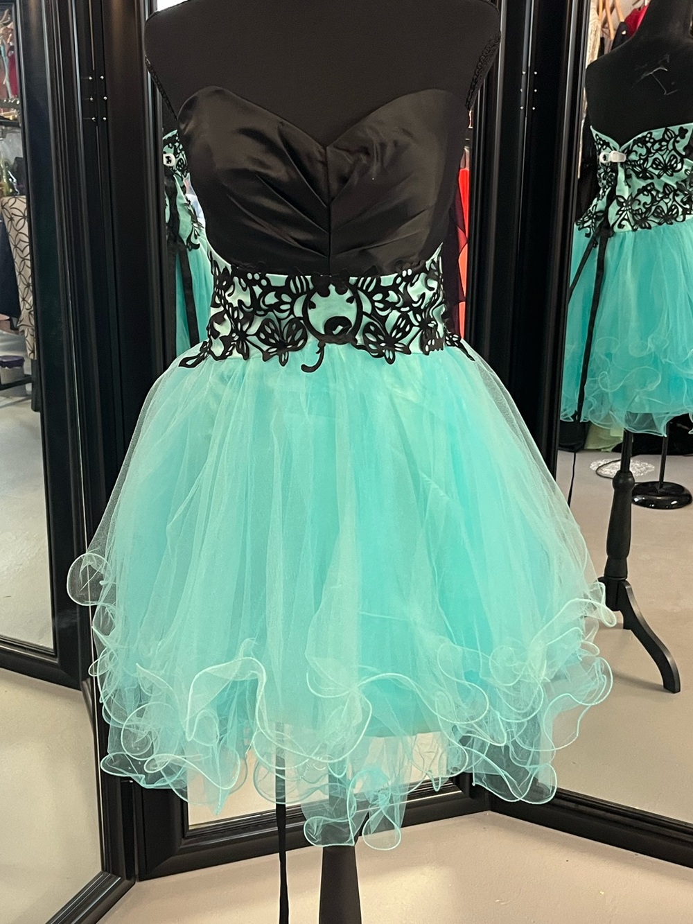 Black & Aqua Strapless Tulle Prom Dress with Lace Waist
